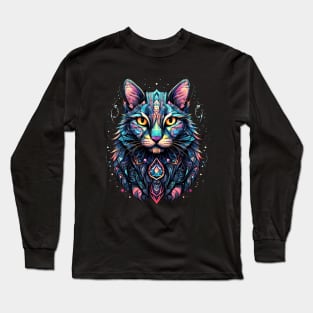 Abstract Blue And Pink Cat Design Long Sleeve T-Shirt